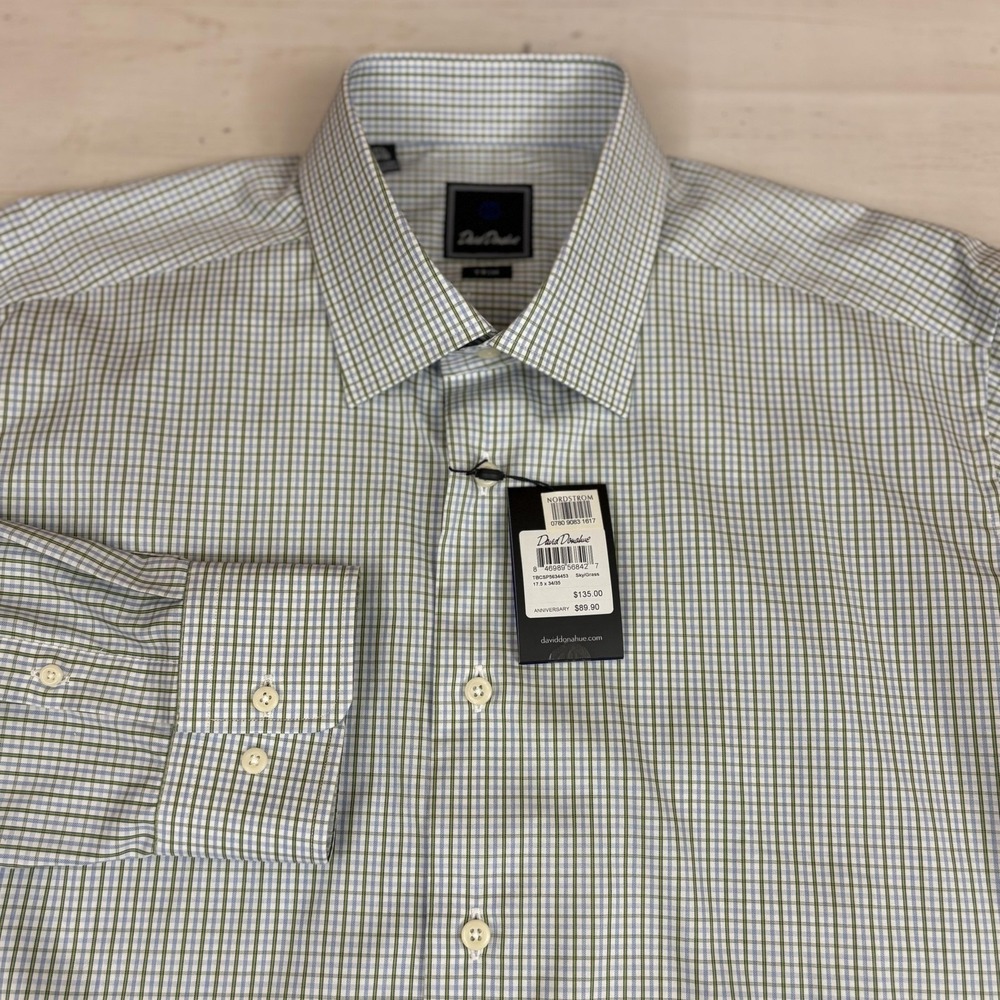 David Donahue Dress Shirt Mens 17.5 32 XL Green Check Trim Logo Point Collar